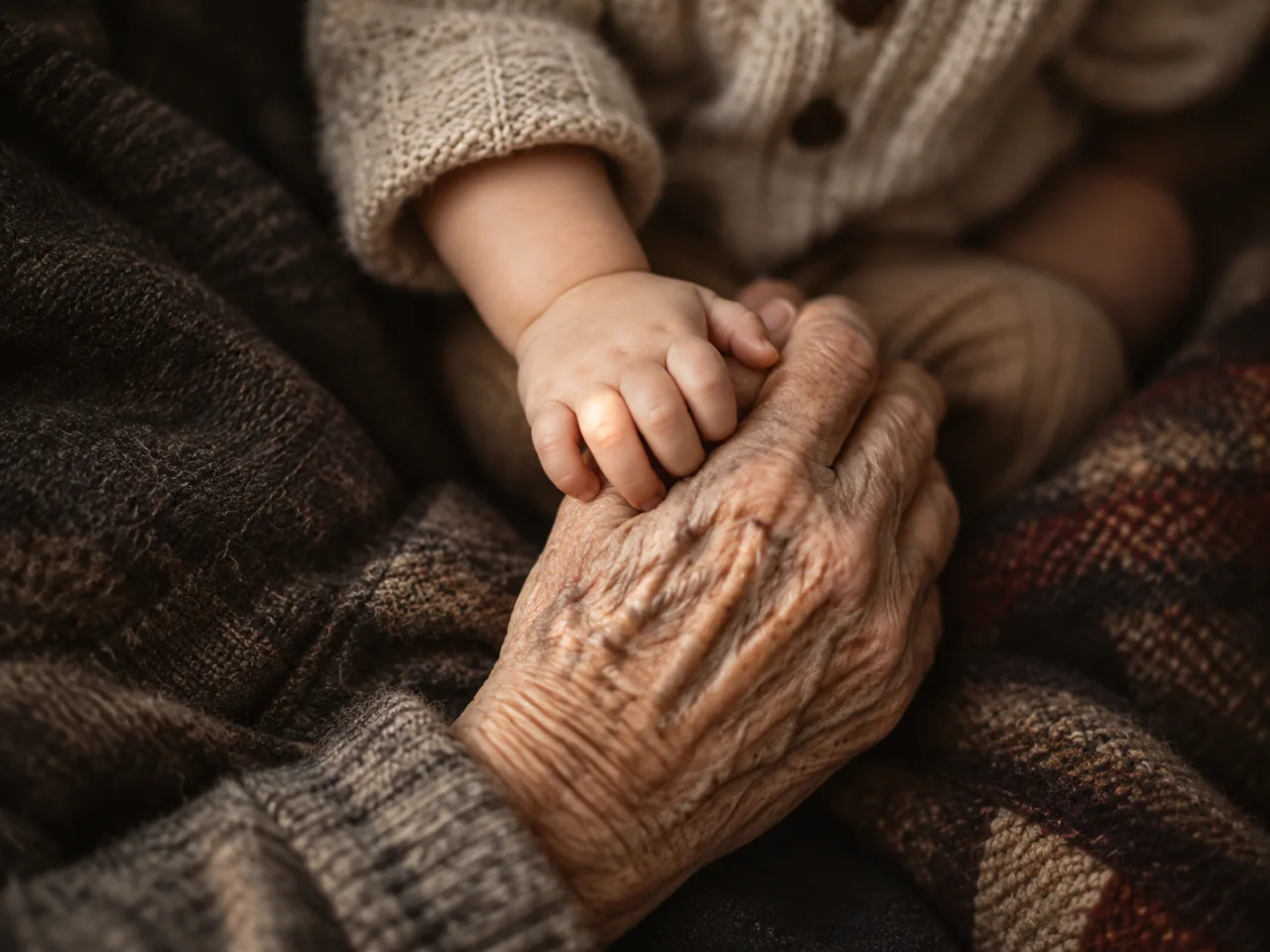 Eine Kinderhand hält die Hand einer alten Person
