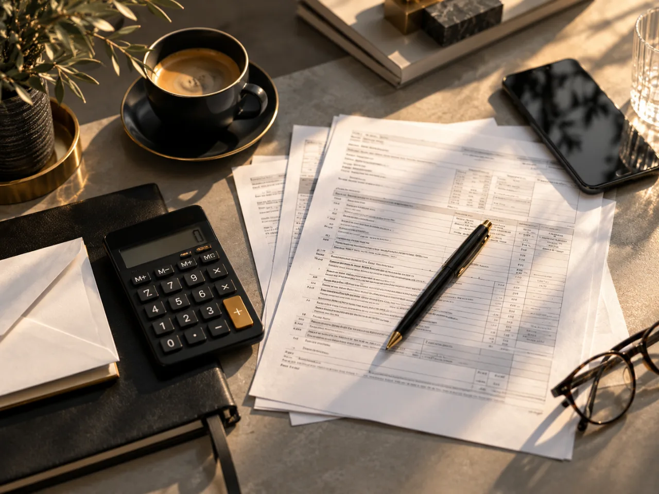 Steuerformulare, Taschenrechner und Kaffee auf einem Schreibtisch
