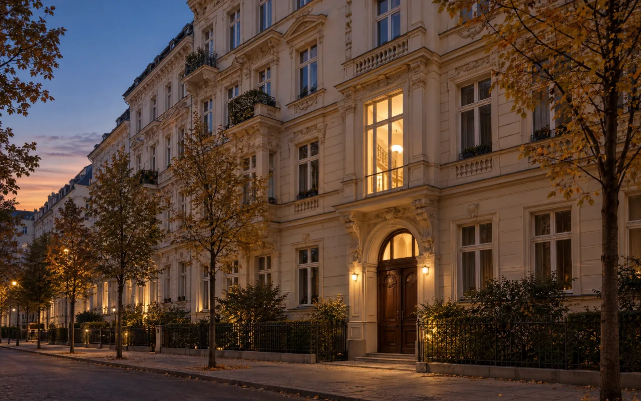 Berliner Altbau in der Dämmerung, das Treppenhaus ist warm erleuchtet